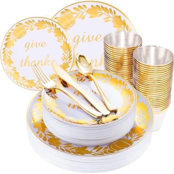 150Pcs Thanksgiving Gold Plastic Plates Disposable Plastic Dinnerware Set